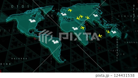 Airplanes and cargo ships over world map, global transportation image 124431538