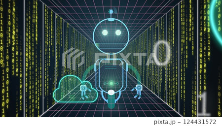 Robot and cloud computing image over digital data tunnel background 124431572