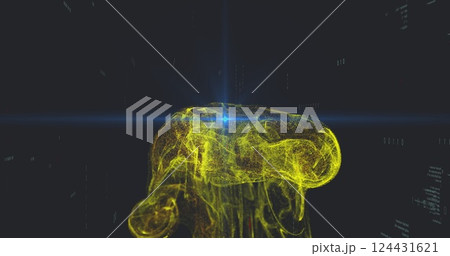 Yellow neural network image over dark background with blue light 124431621