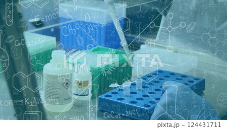 Image of mathematical equations over biracial female scientist working in lab Image of mathematical equations over biracial female scientist working in lab 124431711