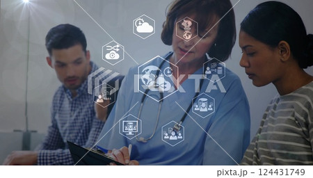 Image of business icons over caucasian female doctor talking with her patient Image of business icons over caucasian female doctor talking with her patient 124431749