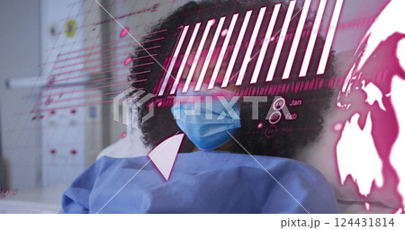 Image of data processing and diagrams over biracial female patient in hospital bed Image of data processing and diagrams over biracial female patient in hospital bed 124431814