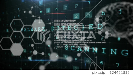 Image of warning text, human brains and scientific data processing 124431833