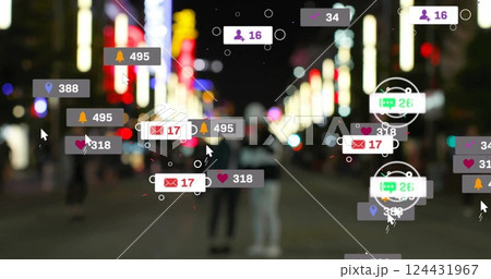 Image of social media icons with growing numbers over cityscape 124431967