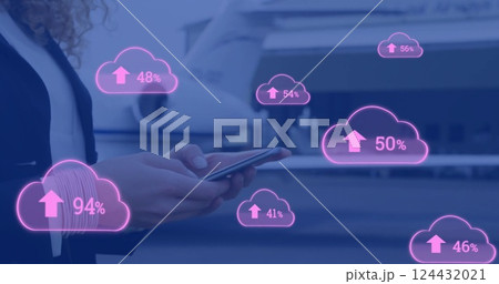 Image of cloud and percent growing over caucasian businesswoman using smartphone 124432021