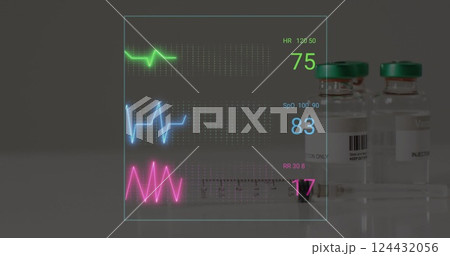 Image of cardiograph over vials and syringe on white background Image of cardiograph over vials and syringe on white background 124432056