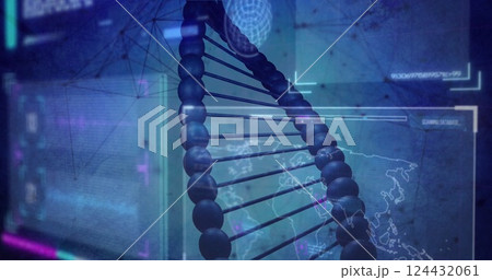Image of dna strand and network of connections over data processing on blue background 124432061