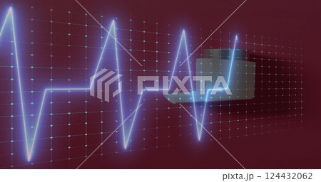 Image of cardiograph over inhaler on red background 124432062
