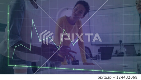 Image of financial data processing over diverse colleagues discussing work in office Image of financial data processing over diverse colleagues discussing work in office 124432069