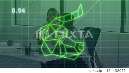 Image of financial data processing and bull over diverse colleagues working in office Image of financial data processing and bull over diverse colleagues working in office 124432071