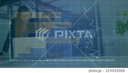 Business data analysis image over colleagues working together in modern office 124432089
