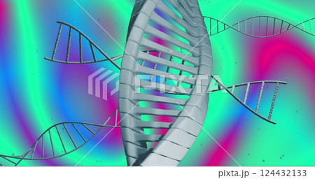 DNA strands and double helix structure image over colorful gradient background DNA strands and double helix structure image over colorful gradient background 124432133