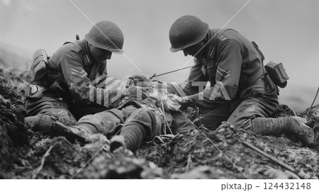 Soldiers provide aid to injured comrade on world war II battlefield amidst chaos 124432148