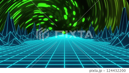 Neon grid landscape with green swirling image in background 124432200