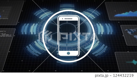 Smartphone icon over futuristic digital interface with data charts Smartphone icon over futuristic digital interface with data charts 124432219