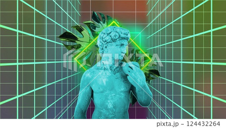 Green digital grid and geometric shapes image over classical statue Green digital grid and geometric shapes image over classical statue 124432264