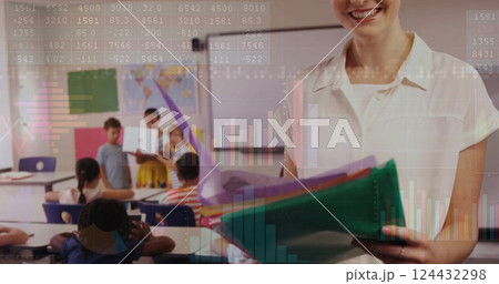 Financial data processing image over teacher and students in classroom Financial data processing image over teacher and students in classroom 124432298