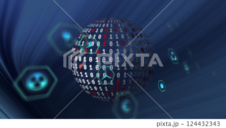 Rotating globe of binary code with hexagonal icons, digital data processing image 124432343