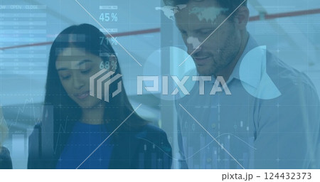 Business people working with data analytics image over world map and graphs 124432373