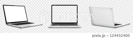 Laptop computer with white and empty screen, front and rear view isolated on transparent background 124432400