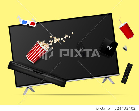 Watching online TV at home concept. Smart tv, remote, soundbar, tv box, popcorn, cola cup and flash drive levitation in the air. Watching online TV at home concept. Smart tv, remote, soundbar, tv box, popcorn, cola cup and flash drive levitation in the air. 124432402