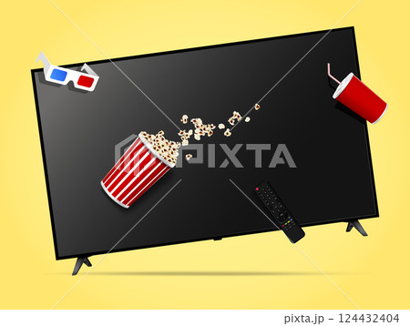 Realistic movie time illustration with levitation smart tv, remote control, popcorn bucket, cola cup and 3d glasses Realistic movie time illustration with levitation smart tv, remote control, popcorn bucket, cola cup and 3d glasses 124432404