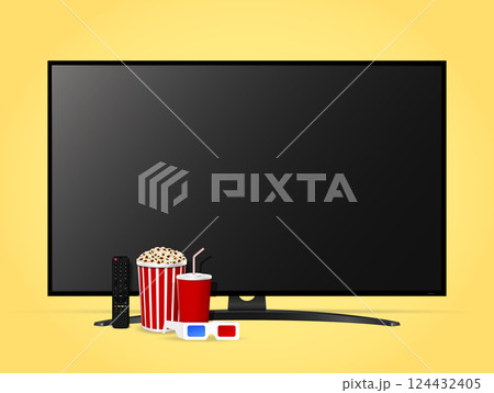 Realistic movie time illustration with modern smart tv, remote control, popcorn bucket, soda cup and 3d glasses 124432405