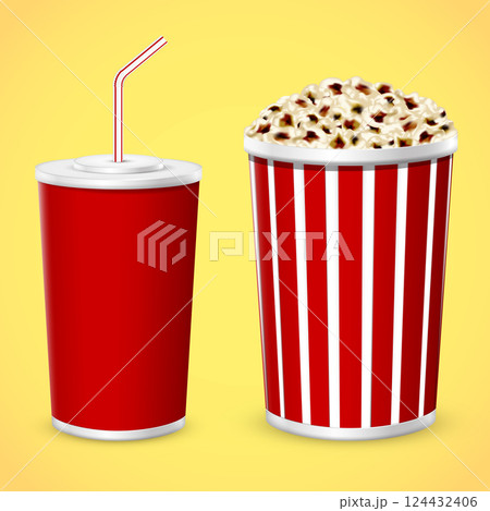 Popcorn in box with cola cup in takeaway cup isolated on yellow background Popcorn in box with cola cup in takeaway cup isolated on yellow background 124432406