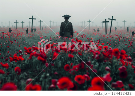 A soldier standing before an endless field of black crosses in world war I 124432422