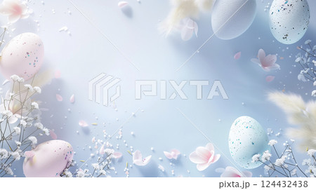Colorful easter eggs and fresh spring flowers on a light blue background Colorful easter eggs and fresh spring flowers on a light blue background 124432438