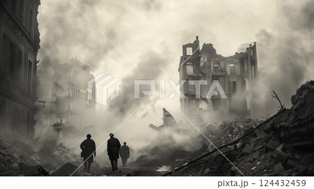 Historical black-and-white photograph of WW II soldiers among city ruins 124432459