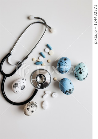 Healthy Easter concept. Black stethoscope, pills and eggs on white background 124432571