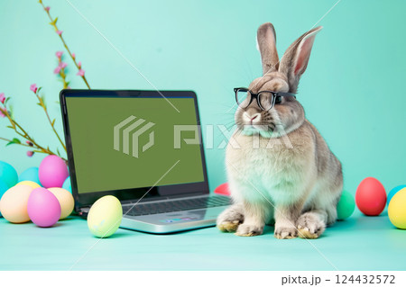 Cheerful easter bunny with glasses at laptop surrounded by colorful eggs 124432572