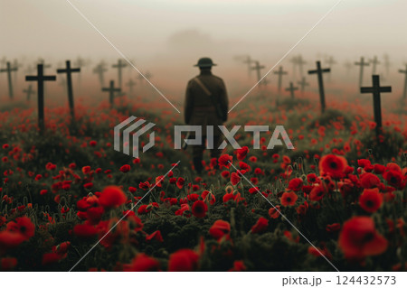 A soldier standing before an endless field of black crosses in world war I 124432573