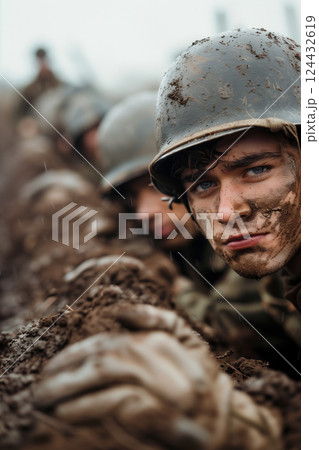 Photograph capturing world war I soldiers in muddy trenches facing enemies 124432619