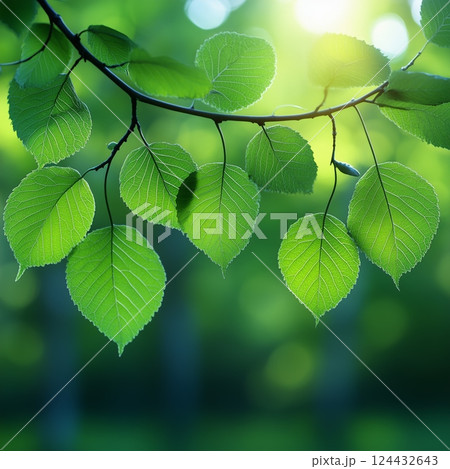 Fresh green leaves on a tree branch with sunlight filtering through Fresh green leaves on a tree branch with sunlight filtering through 124432643