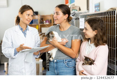 Female worker of animal shelter talking to girls adopting cats Female worker of animal shelter talking to girls adopting cats 124432677