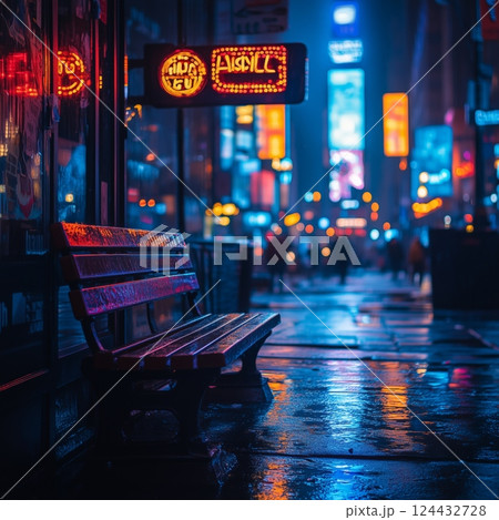 Empty bench on a rainy neon-lit city street at night 124432728