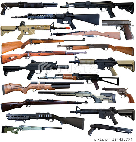 Weapons of various calibers on white background 124432774