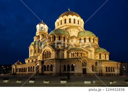 Majestic cathedral with evening illumination against the night sky 124432836