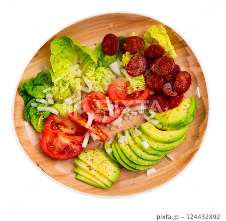 Lettuce and tomatoes served with chorizo and avocado Lettuce and tomatoes served with chorizo and avocado 124432892