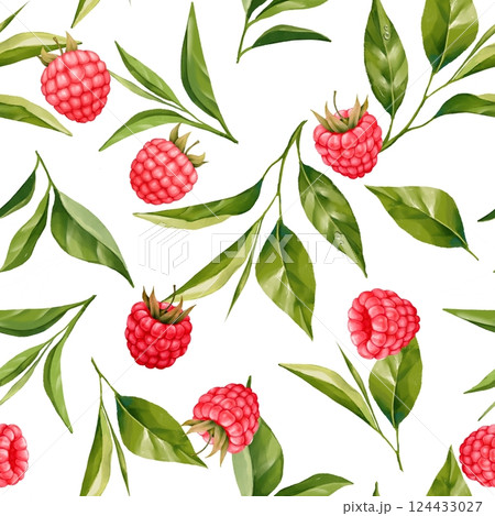 Seamless pattern with tea leaves and raspberry. Floral background for food packaging, vegan menu or herbal tea. 124433027
