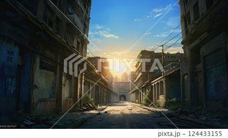 ゲーム背景 夜明け前のスラム街廃墟の裏通りストリートビュー風景 ゲーム背景 夜明け前のスラム街廃墟の裏通りストリートビュー風景 124433155