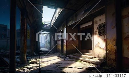 ゲーム背景　夜明け前のスラム街廃墟の裏通りビルの屋内風景 124433157