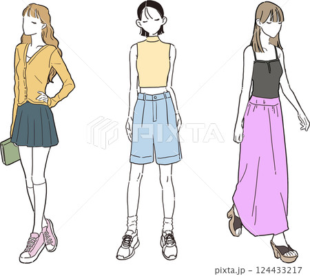 パステルカラーを取り入れたコーディネートのシンプルなイラスト パステルカラーを取り入れたコーディネートのシンプルなイラスト 124433217