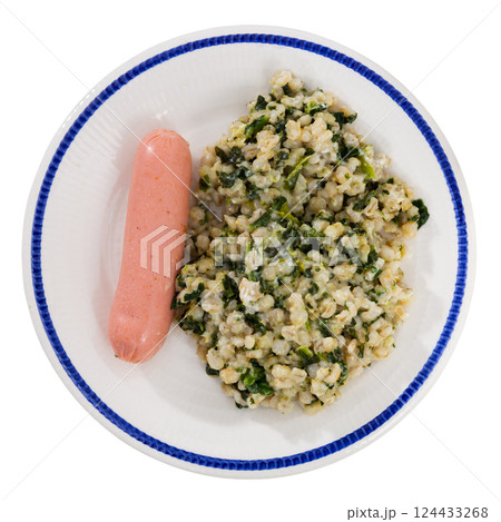 Sausage served with pearl barley and spinach Sausage served with pearl barley and spinach 124433268