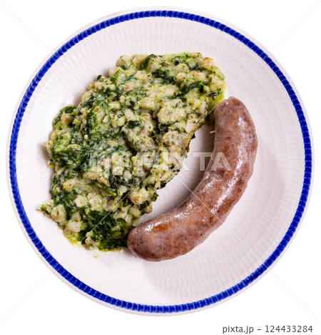 Sausage served with pearl barley and spinach Sausage served with pearl barley and spinach 124433284