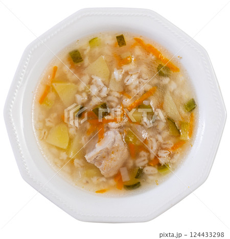 Popular Russian soup rassolnik with pickled cucumbers, brine and pearl barley served in plate Popular Russian soup rassolnik with pickled cucumbers, brine and pearl barley served in plate 124433298