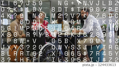 Image of changing letters and numbers over disabled and diverse colleagues discussing work Image of changing letters and numbers over disabled and diverse colleagues discussing work 124433613