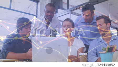 Image of netowork of connections over diverse business people in office Image of netowork of connections over diverse business people in office 124433652